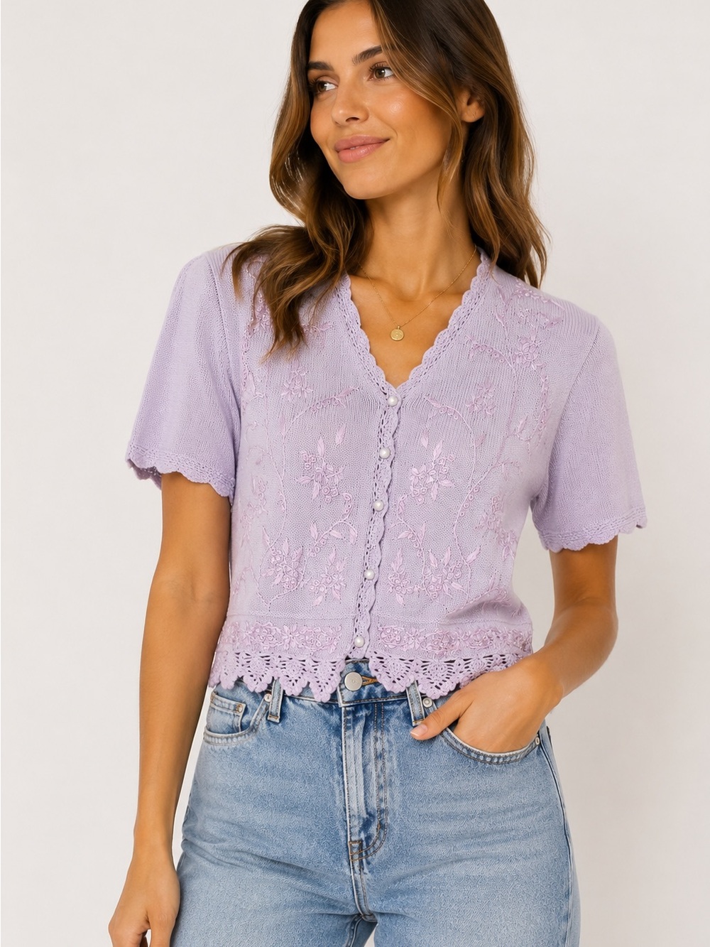 Bentley Inc Embroidered Floral Knit Cardigan Sweater Small Lavender